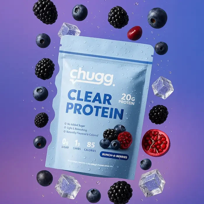 Chugg clear protein package with berries and ice on a purple background