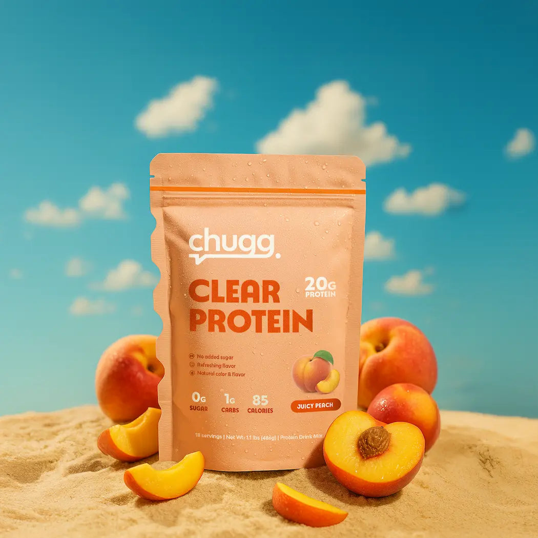 Bag of Juicy peach Chugg Clear Protein package with peaches on a beach
