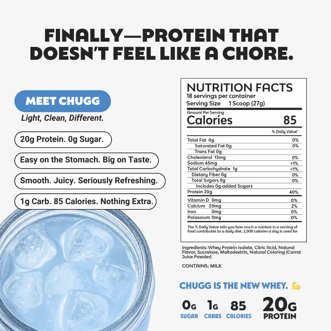 Advertisement for Chugg clear protein product with nutrition facts and benefits listed.