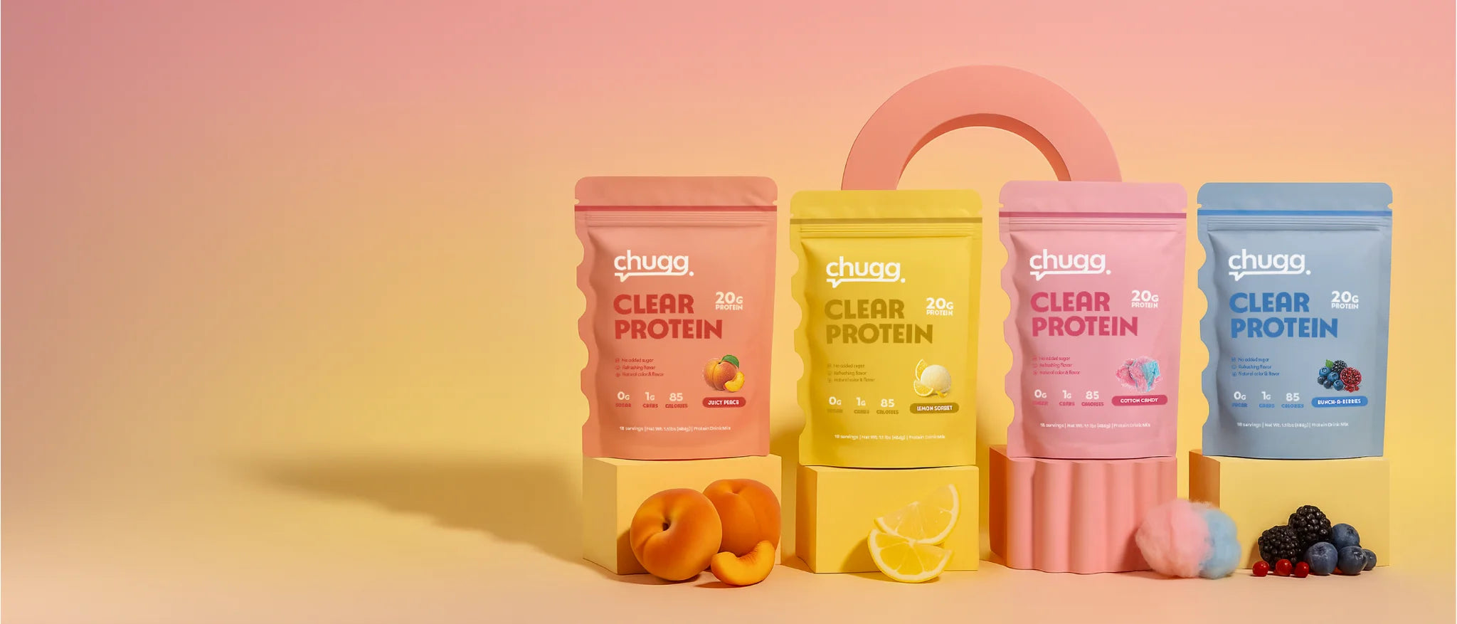 Four clear protein powder packages in different flavors on a gradient background. All Chugg clear protein
