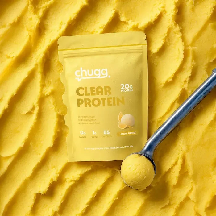 Chugg Clear Protein package with a scoop of sorbet on a background that is lemon sorbet