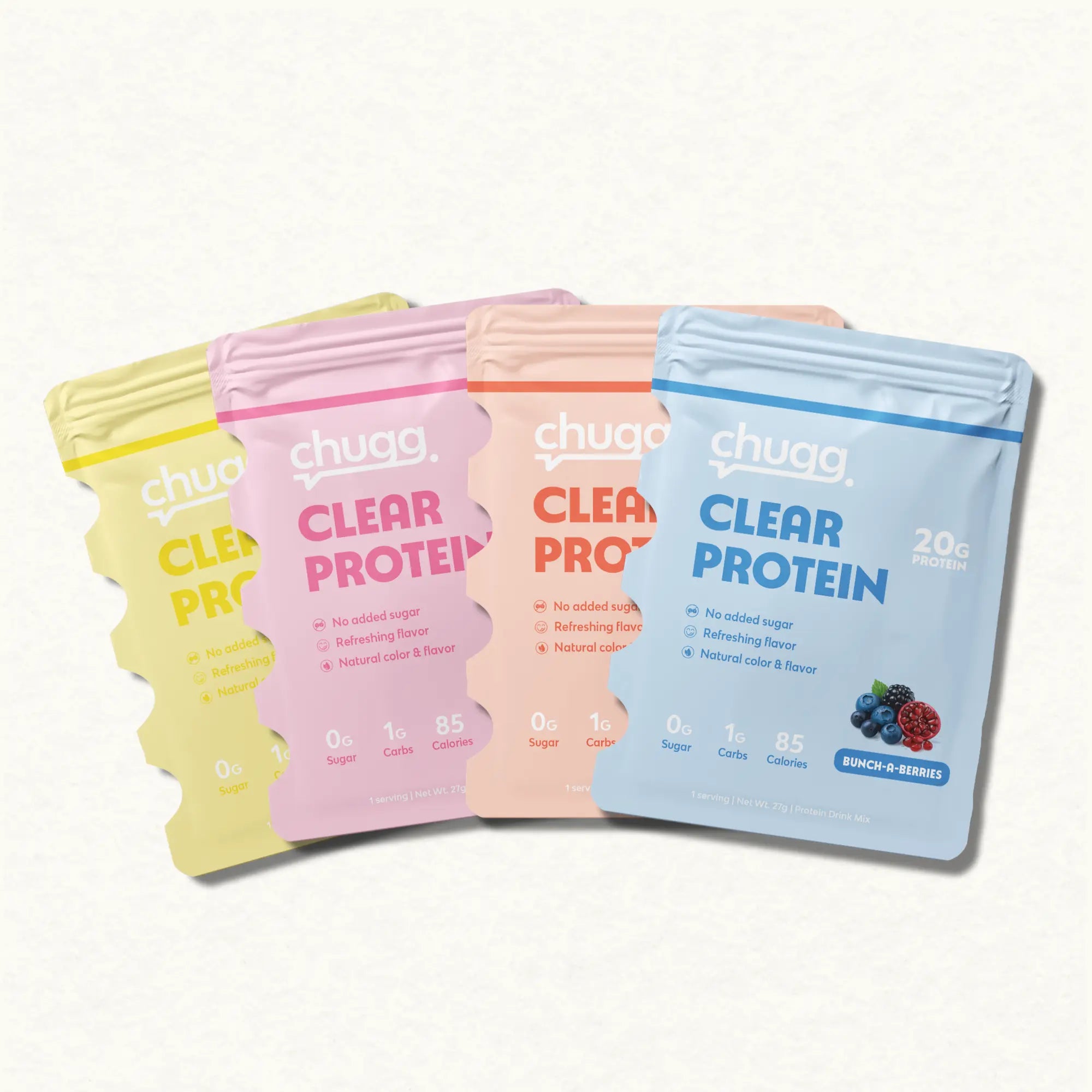Four single serve packages of chugg Clear Protein on a white background