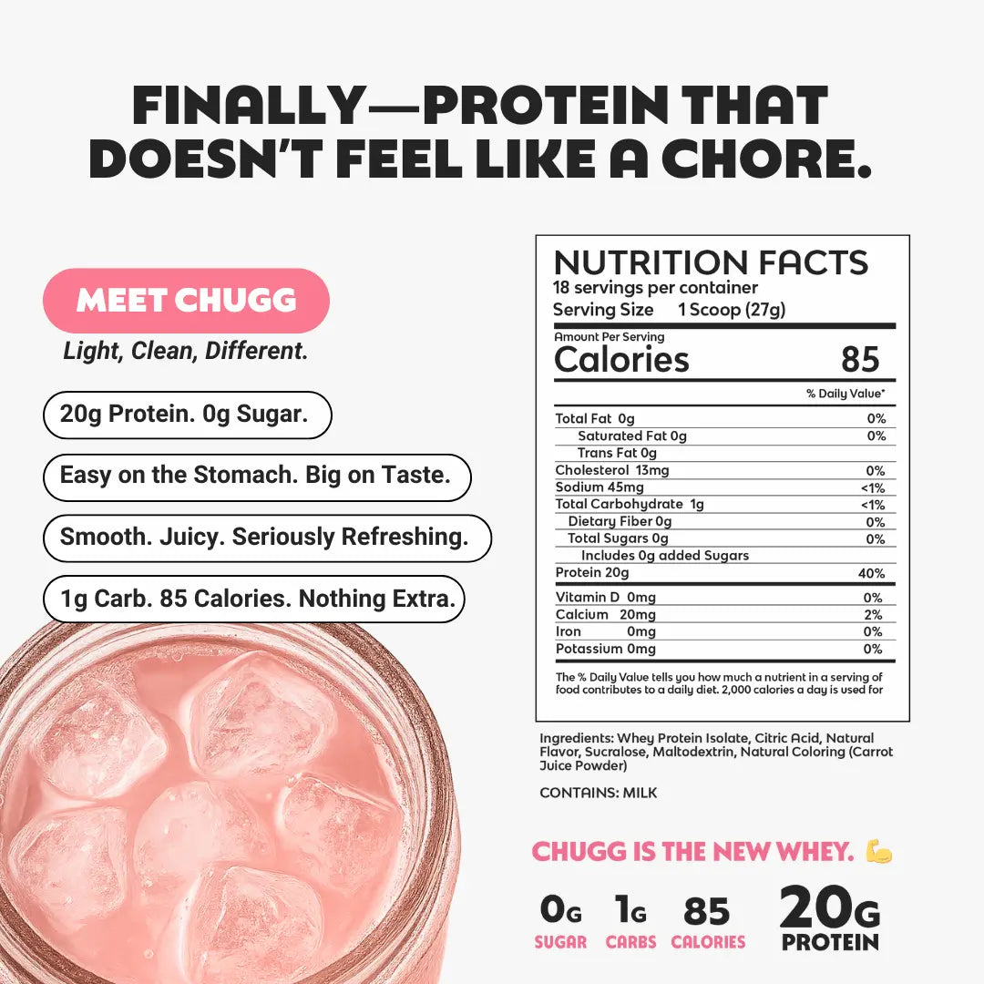 Advertisement for Chugg clear protein product with nutrition facts and product image.