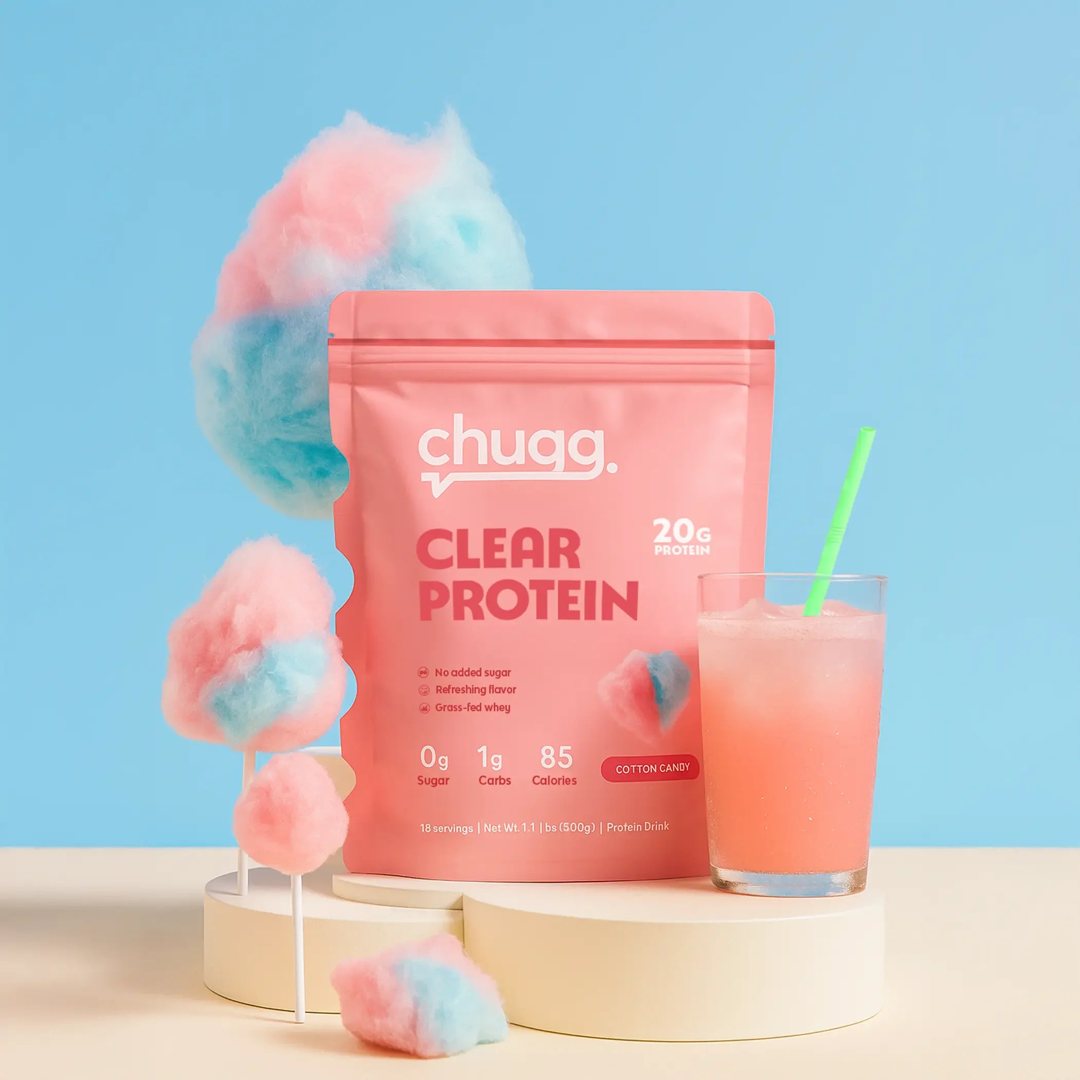 Chugg Clear Protein package with cotton candy and a protein shake on a blue background