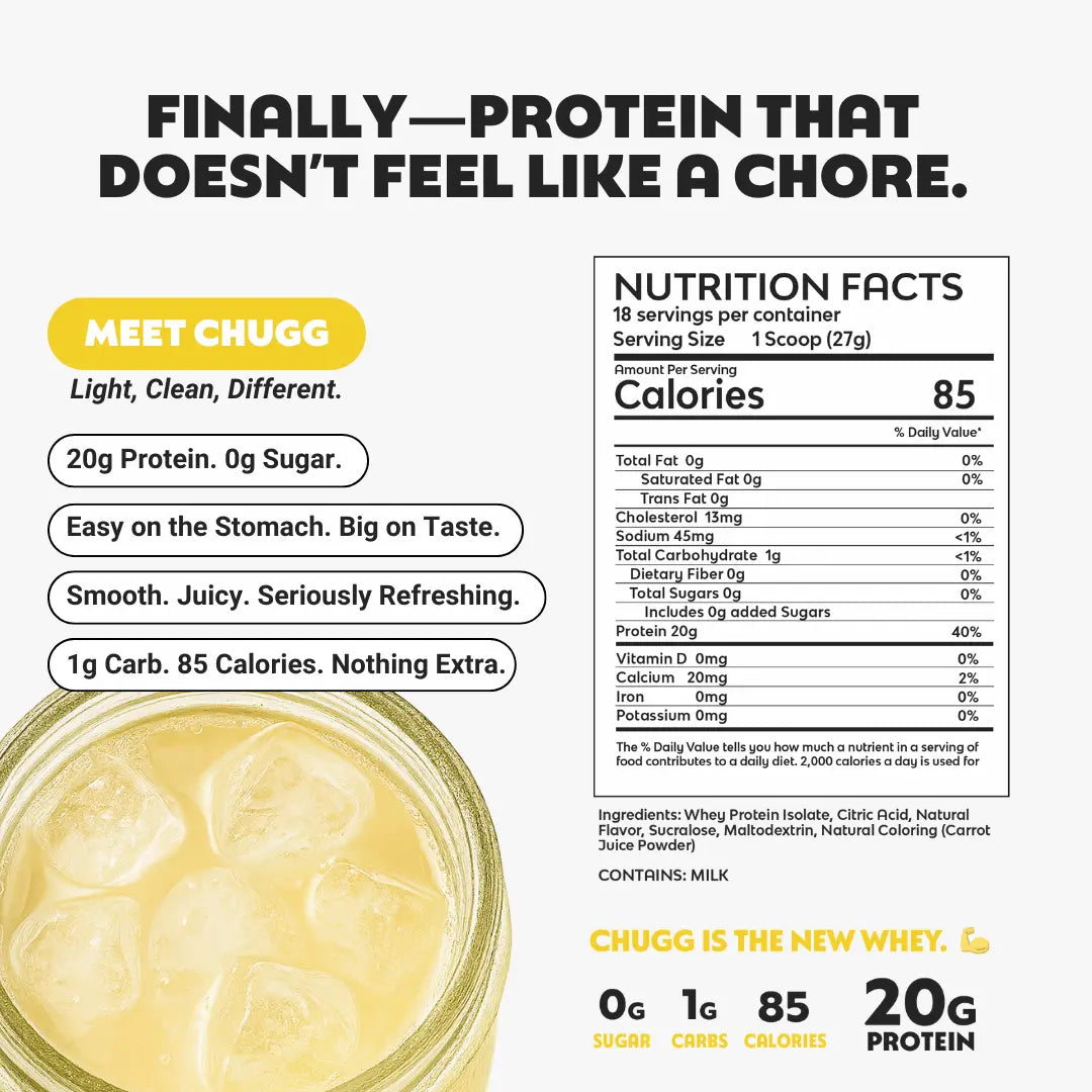 Advertisement for Chugg clear protein product with nutrition facts and benefits listed.