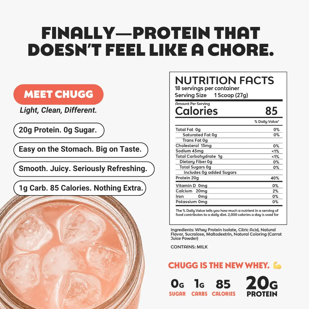 Advertisement for Chugg clear protein product with nutrition facts and product image.