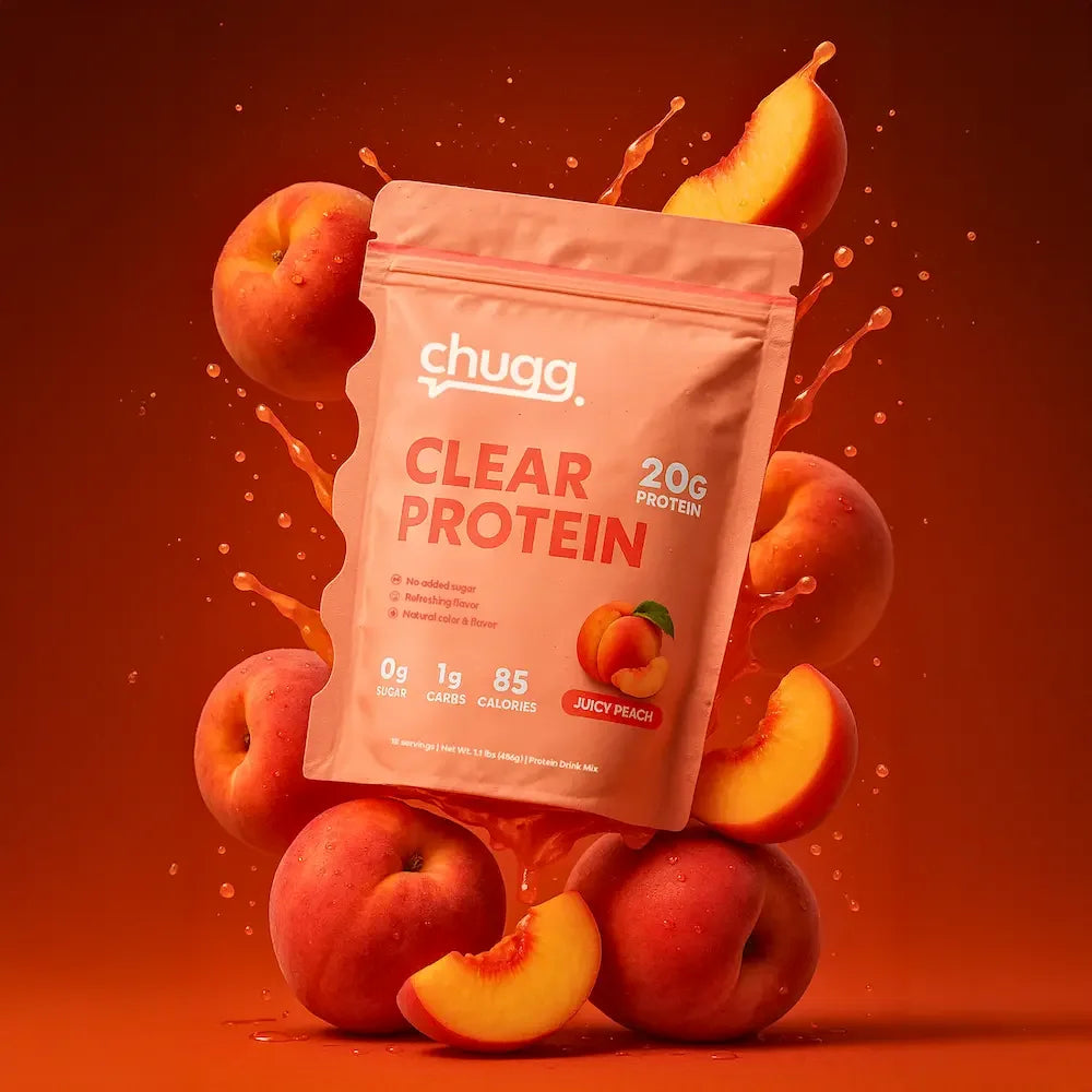 Chugg Clear Protein package surrounded by peaches on a red background. Juicy and refreshing.