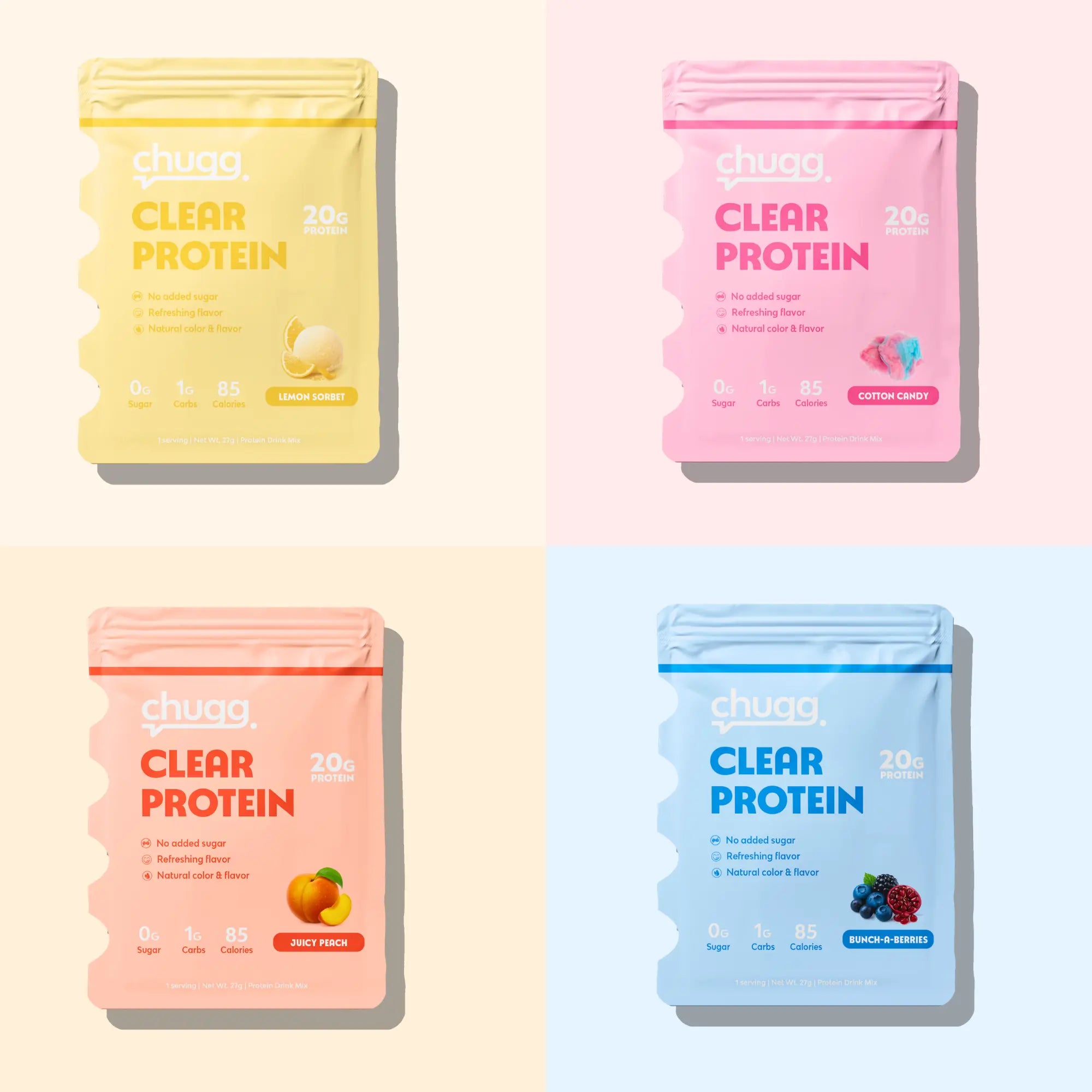 Sampl packets of Chugg Clear Protein in different flavors on a light pink background