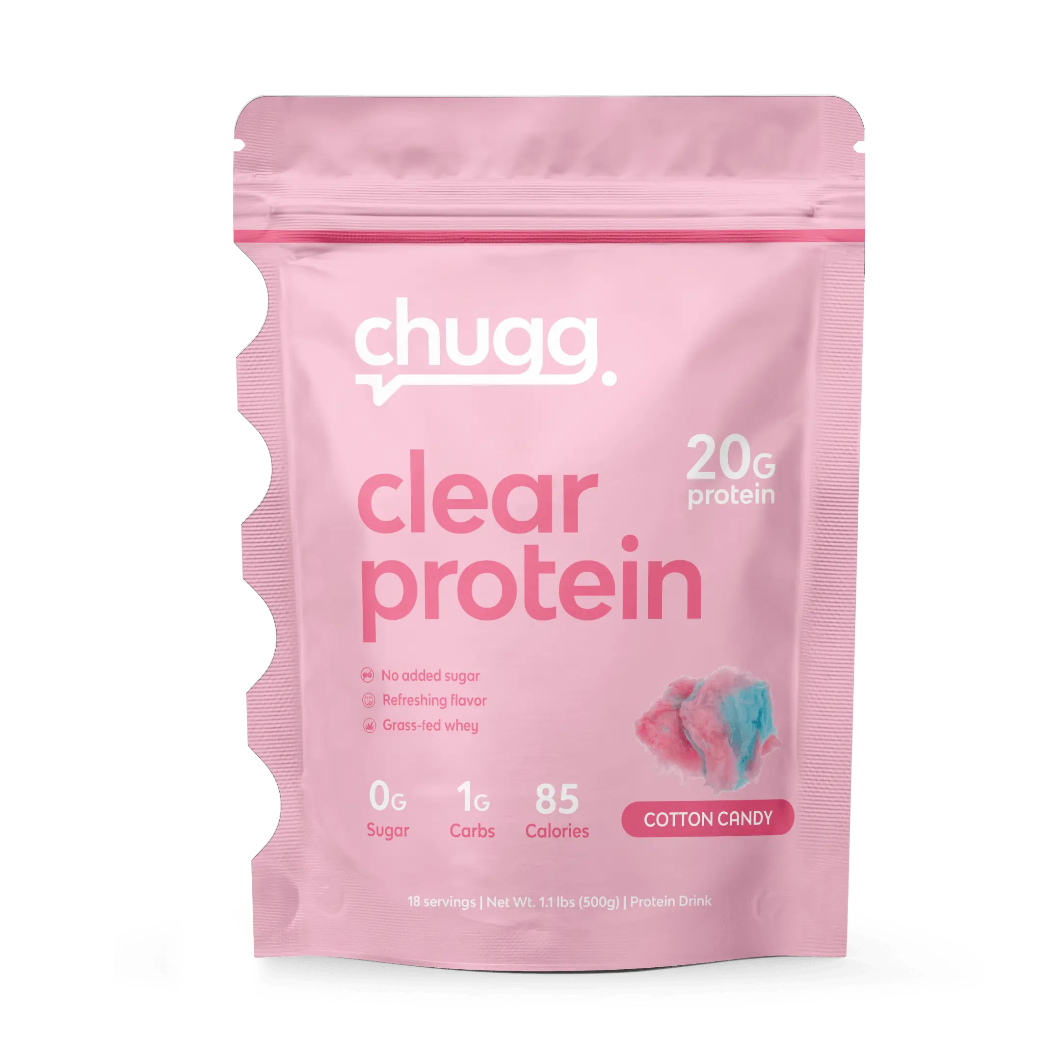 Chugg Cotton Candy Clear Protein - bag front view, 18 servings