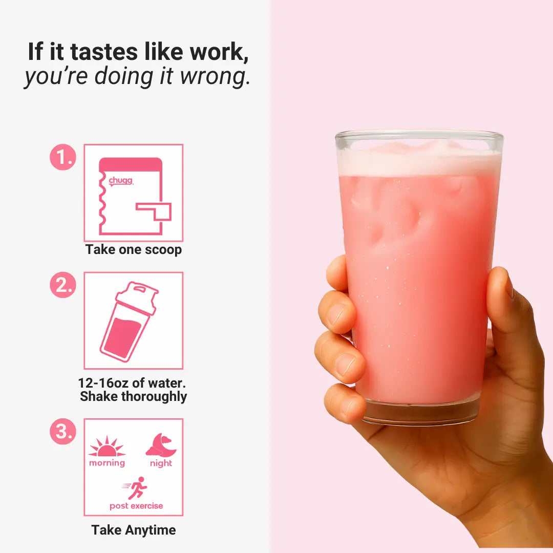 Chugg’s Pink Clear Protein shown in a chilled glass. Light, refreshing, and loaded with clean protein for hydration and recovery.