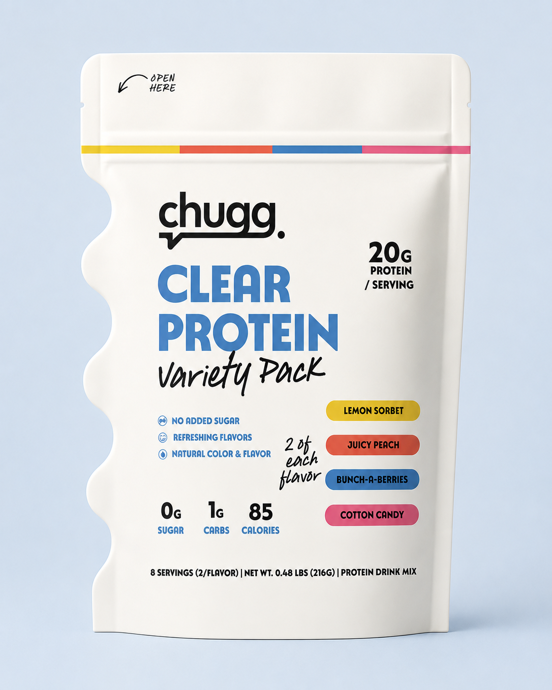 A stand-up pouch of Chugg. Clear Protein Variety Pack on a light blue background.
